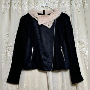 H&M Black Jacket with Cream Faux-Shearling Collar